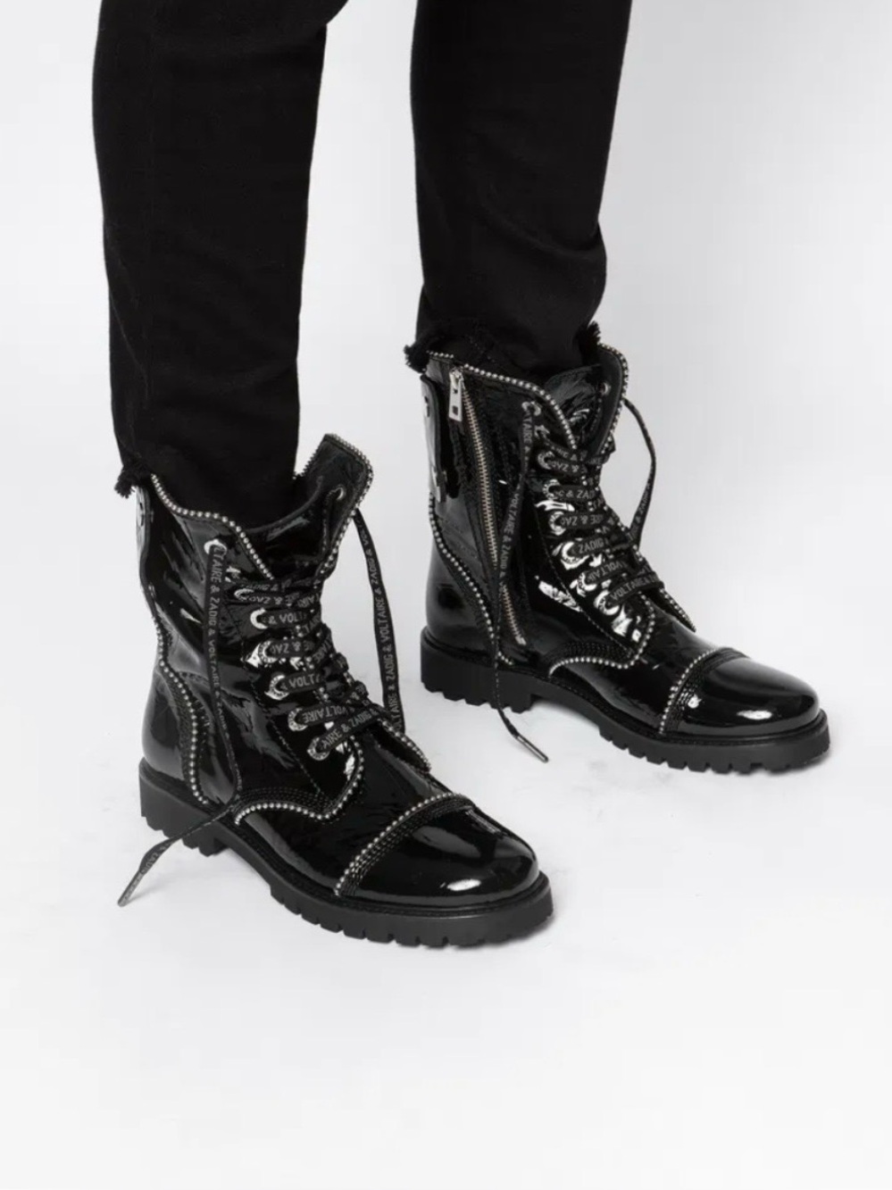 Zadig & Voltaire women's black leather Joe Wrinkle Studs Ankle Boots